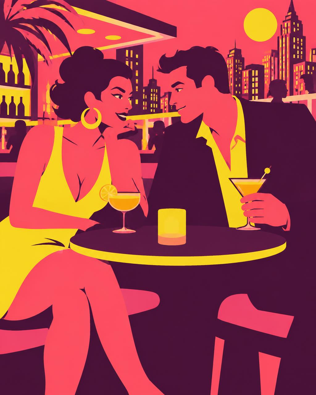 Two adults sharing a drink and a smile at a rooftop bar